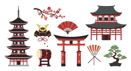 Japanese Culture Icons: Pagoda, Torii Gate, Bonsai, Samurai Helmet, Drum © ahmed