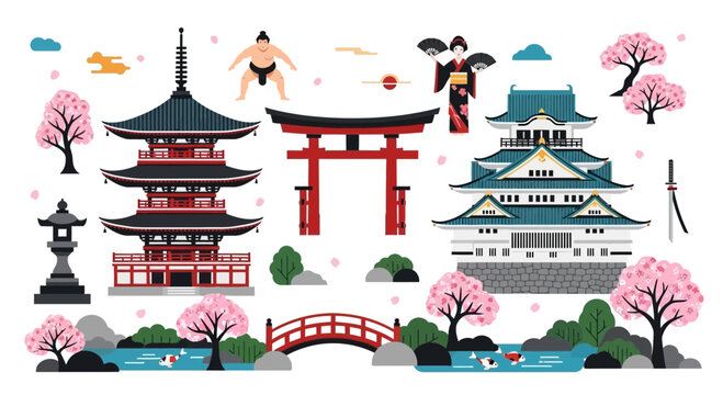 Japanese Culture Icons: Pagoda, Castle, Torii, Sumo, Geisha, Cherry Blossoms