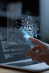 Obraz premium Artificial Intelligence Interface on Laptop Screen with Finger Interaction.