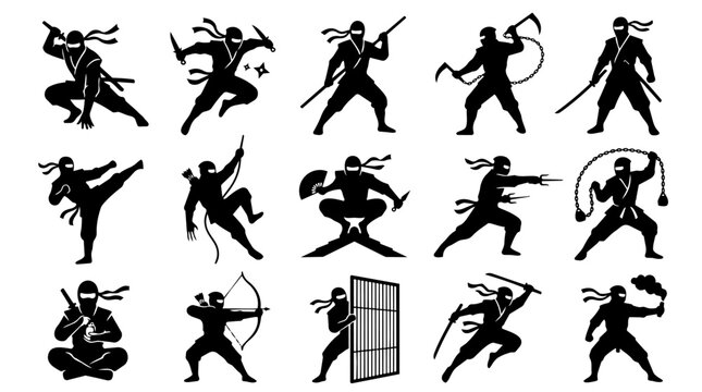 Set of ninja characters in action poses with weapons