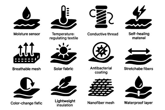 Smart fabric icons illustrating advanced textile properties and functionalities