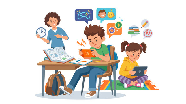 Child addicted to mobile gaming ignoring school studies and homework while mother checks the time and younger sister uses a tablet