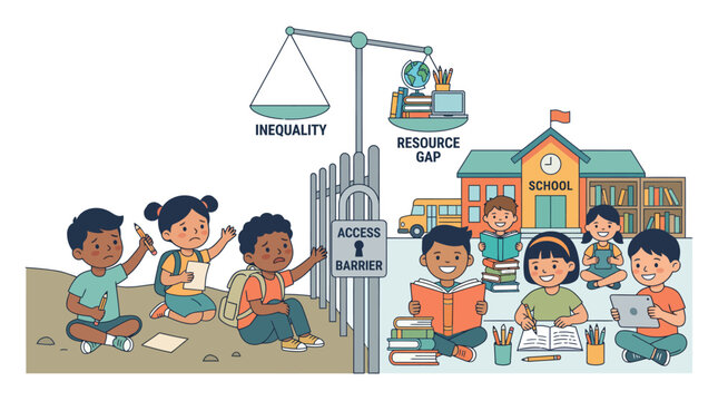 Educational inequality and resource gap illustrated by a schoolhouse divided by a barrier