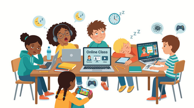 Children are bored and tired during online classes, struggling to stay awake and engaged