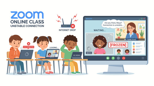 Illustration depicting students struggling with unstable internet connection during an online class, with a teacher shown on a frozen screen