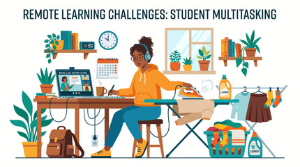 Fototapeta premium Remote Learning Student Multitasking A conceptual illustration of a young woman balancing online education with household chores amidst the demands of home study