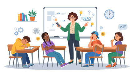 Fototapeta premium Diverse students react to a teacher’s lesson plan on a whiteboard in a classroom setting, expressing various emotions and levels of engagement
