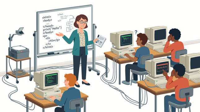 Classroom scene of a computer science lesson with a teacher instructing students on a whiteboard with code displayed