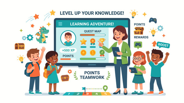 Diverse group of happy children embarks on a fun-filled digital learning adventure, guided by a teacher, using gamified elements to boost knowledge and foster teamwork