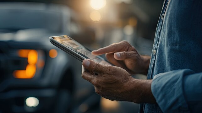 Person Using Tablet Device Outdoors with Blurred Vehicle Lights in Background.