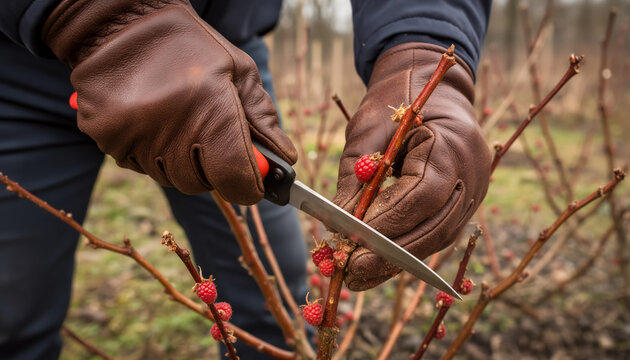 Detailed close-up of professional gardener hands in thick brown leather gloves using a sharp folding pocket knife to carefully prune tree branches with tiny red buds