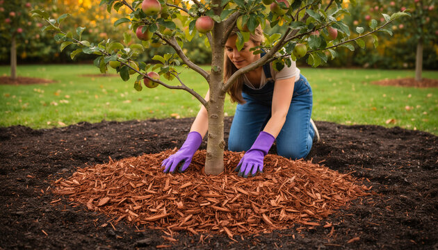 Young female gardener in blue overalls and purple gloves carefully applying decorative red wood bark mulch around the base of a small fruiting apple tree in a lush green orchard