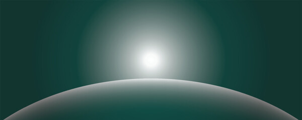Abstract dark green background featuring a minimalist planet horizon curve with a bright glowing sun light flare effect. Modern futuristic space backdrop for tech banners and covers. © Alvin