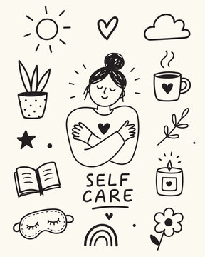 Self Care Hand Drawn Doodle Poster with Wellness, Mindfulness and Mental Health Elements