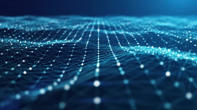 Abstract digital network grid with glowing blue particles, data flow, technology concept