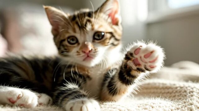 Adorable Tabby Kitten with Big Eyes Lying on Cozy Blanket, Close-up Portrait