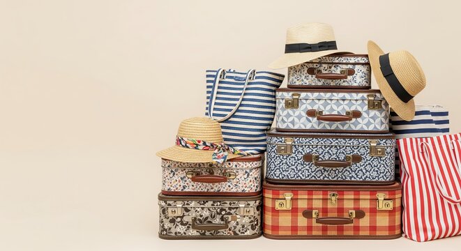 A stack of vintage-style suitcases and hats for travel, with beach bags