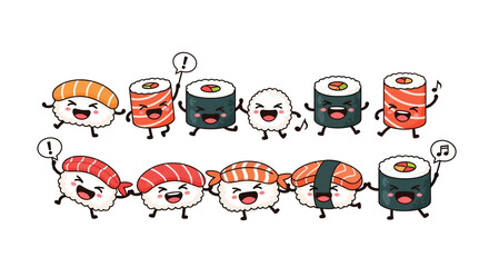 Happy Sushi Characters Dancing and Smiling © Barang