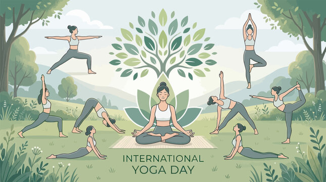 International yoga day illustration with women in various poses