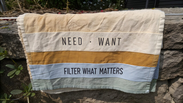 Filter Your Needs: A fabric hanging on a stone wall displays a message about distinguishing between needs and wants, encouraging mindful choices.