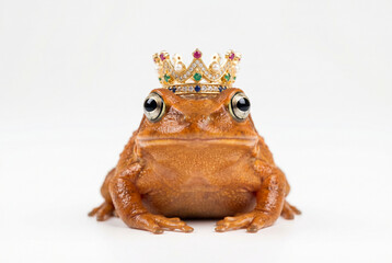 Naklejka premium Orange brown frog wearing a jeweled gold crown on white background