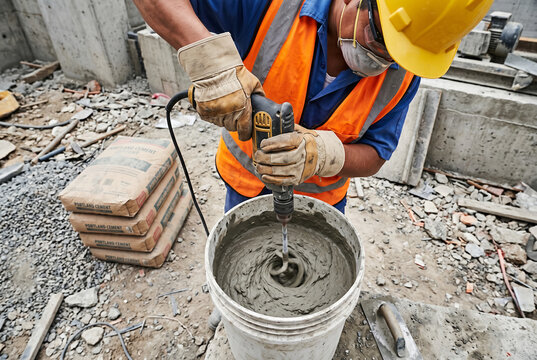 Construction worker mixing cement in bucket using electric drill