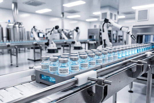 Automated pharmaceutical factory line producing universal antidote vaccines