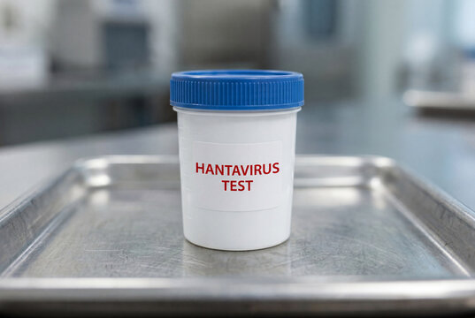 Hantavirus test sample cup on stainless steel medical tray
