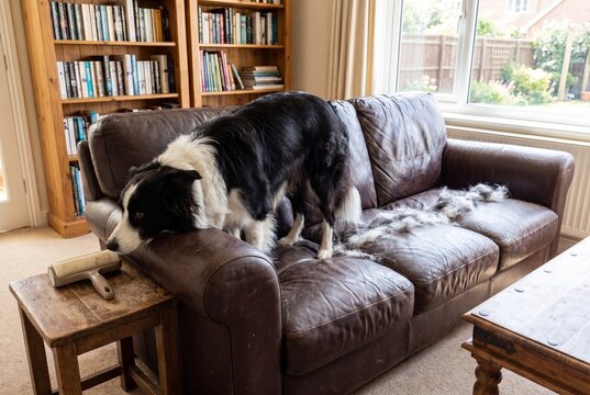 Border Collie Leaving Clumps of Shed Fur on Leather Sofa
