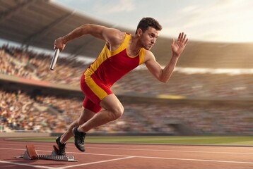 Fototapeta premium Male Sprinter Starting Race on Track in Stadium