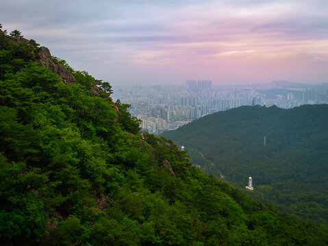 Daegu City sunrise skyline and Apsan Mountain landscape in Gyeongsangbuk‑do, South Korea, an aerial view