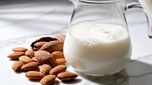 Almond milk pouring into glass jug, almonds on marble surface, healthy dairy-free drink