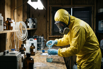 Fototapeta premium Scientist in yellow hazmat suit pouring chemical liquid in laboratory