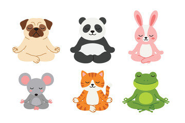 Fototapeta premium Cute meditating animals set yoga poses cartoon illustration collection