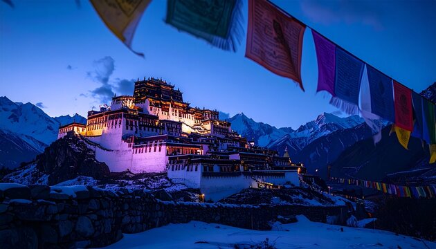 Tibetan Monastery with Colorful Prayer Flags at Blue Hour