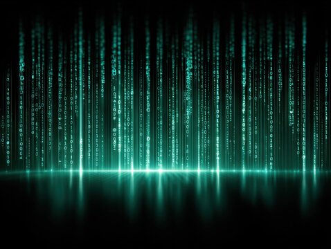 Data stream and cybersecurity with digital binary code falling in a matrix style background.