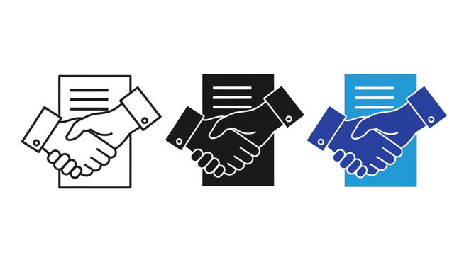 Handshake icon on documents representing agreement, partnership, and business collaboration