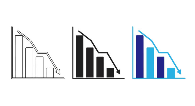 Business decline graph showing decrease in sales or revenue, economic recession, and financial loss represented by falling bars and arrow