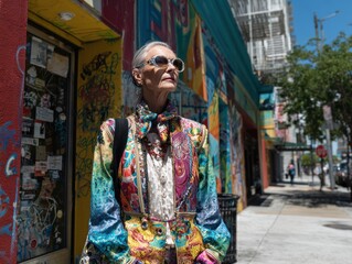 Fototapeta premium Healthy aging and the silver economy showcasing a stylish senior woman with sunglasses on a city street adorned with colorful graffiti art.