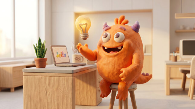 Creative 3D clay monster having a brilliant idea with glowing lightbulb, eureka moment, innovation and problem solving concept.