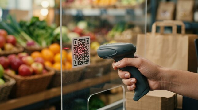 Medium shot of a cashiers hand scanning a QR code on a clear protective screen with vibrant organic fruits and ecofriendly packaging blurred in the background under warm lighting