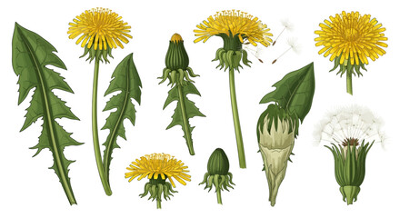 Dandelion plant parts, Taraxacum officinale, herbal medicine, botanical illustration © Football
