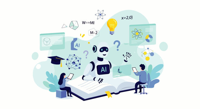 Flat vector illustration of an AI robot reading and analyzing a book. Artificial Intelligence as an intelligent assistant for students to summarize and conclude textbooks. Learning with AI.