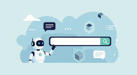 Fototapeta premium Flat vector illustration of an AI robot in a search engine bar. Innovative artificial intelligence bot technology answers questions with intelligent solutions.