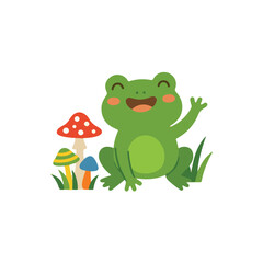 Fototapeta premium Happy waving frog with wild mushrooms cartoon illustration