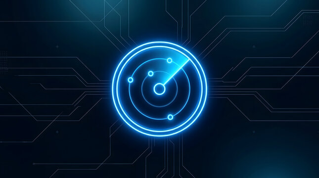 Blue radar monitoring icon on dark circuit banner for digital tracking and system detection concepts