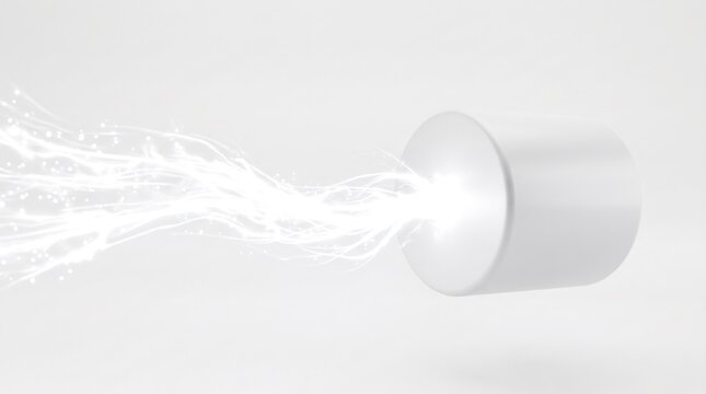 Futuristic white battery cell releasing a glowing energy stream of light and particles, 3D render abstract technology concept