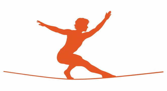 Woman balancing on tightrope, orange silhouette, balance concept, business background