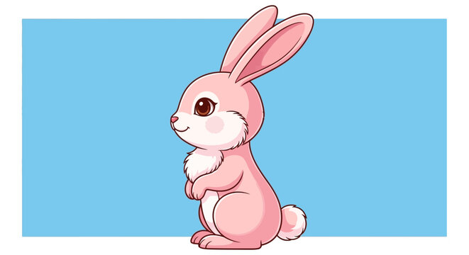 Pink cartoon rabbit on blue background, cute animal illustration, kids concept