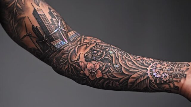 Detailed sleeve tattoo on arm showing nature and eco city